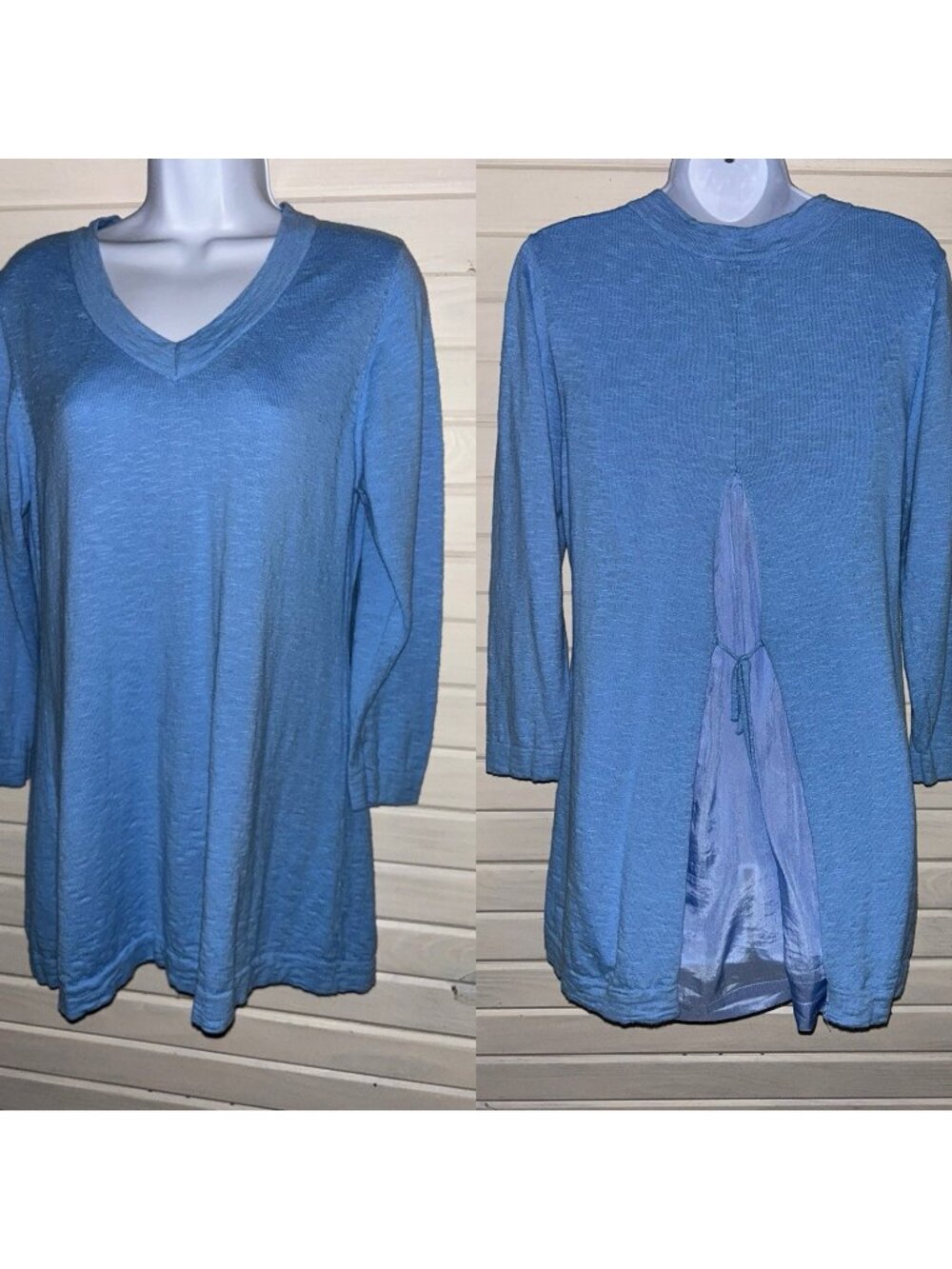 Soft Surroundings Sz MEDIUM Blue V-Neck Cotton Sweater Silk Inset Pullover EUC